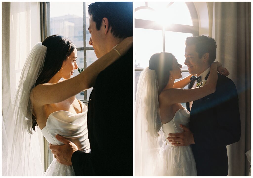 A wedding couple hugs at the St. Regis Hotel in Washington, DC