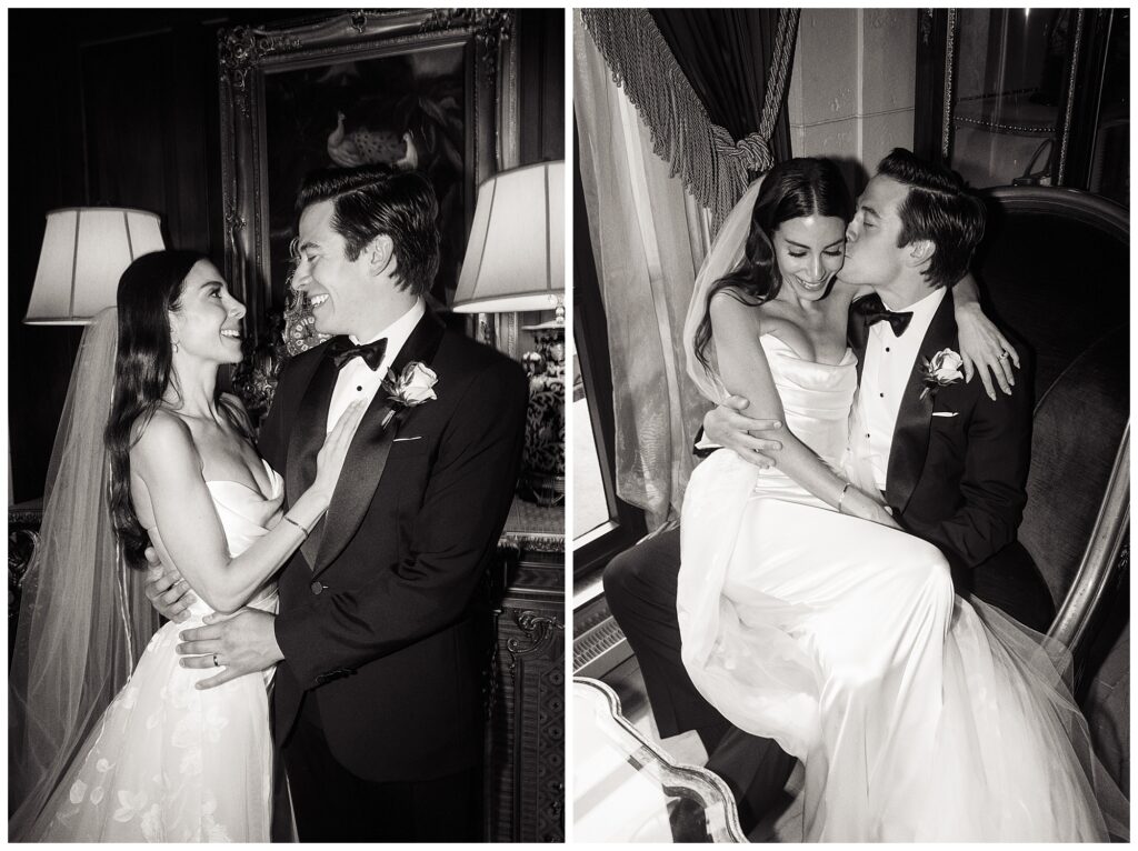 A wedding couple poses for portraits at the St. Regis Hotel in Washington, DC